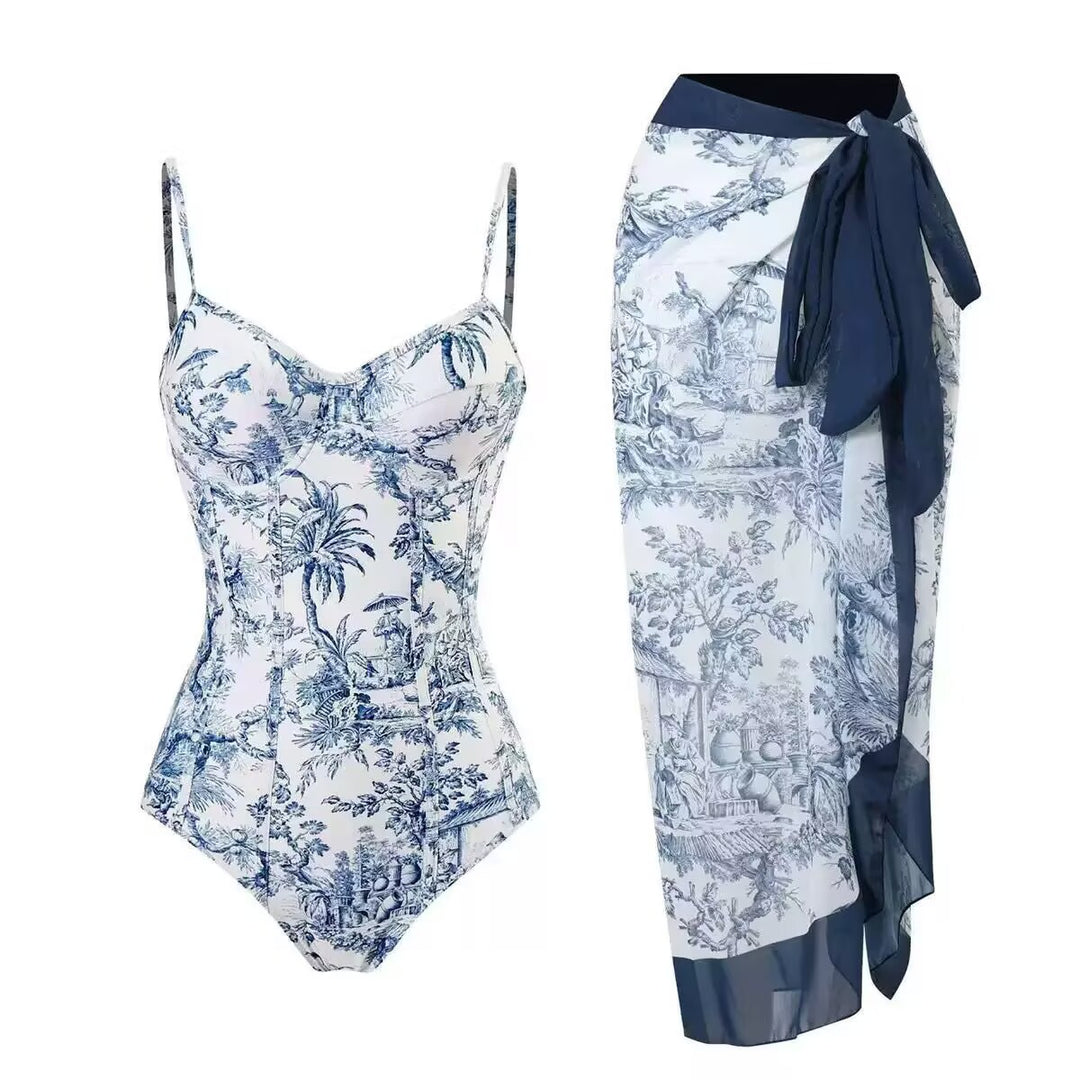Women's Two-Piece Swimsuit Set with Elegant Wrap Skirt and Floral Print Mune Fashion