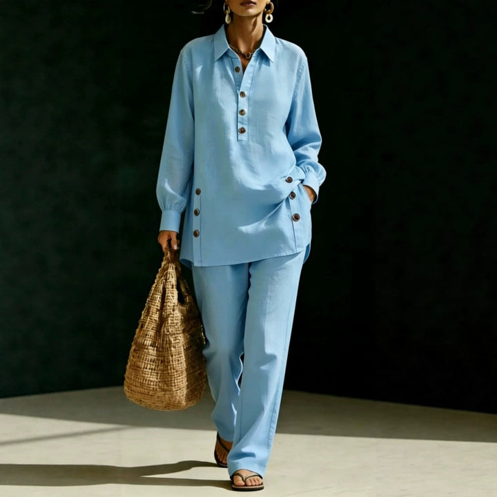 Women two-piece tunic set made of lightweight linen blend with shirt collar and side decorative buttons Mune Fashion