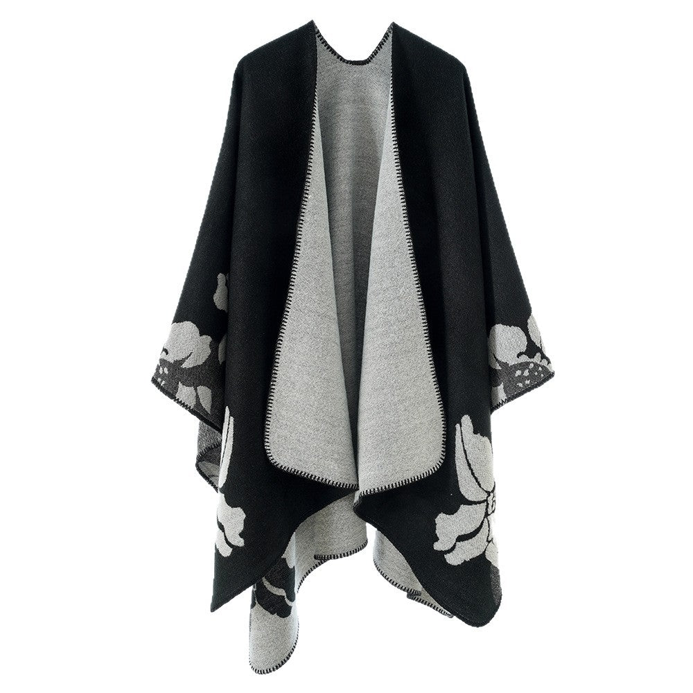 Women's Reversible Wool Blend Cape with Floral Jacquard and Open Draping Mune Fashion