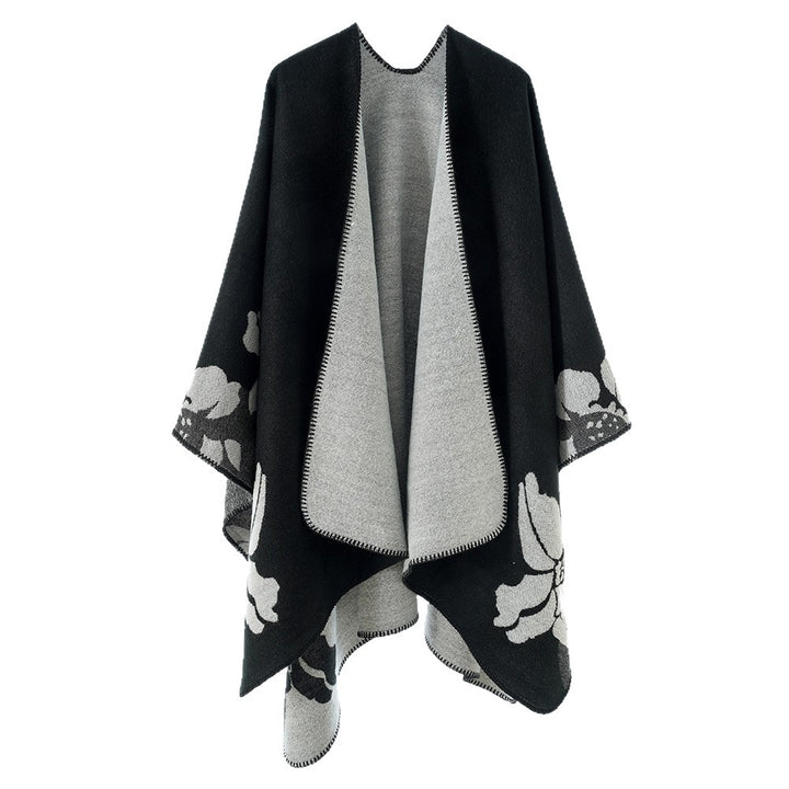 Women's Reversible Wool Blend Cape with Floral Jacquard and Open Draping Mune Fashion