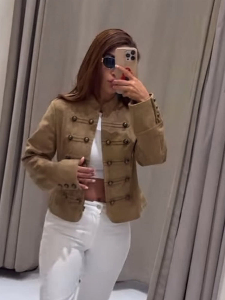 Women's tailored military jacket made of wool blend with stand-up collar and double button placket Mune Fashion