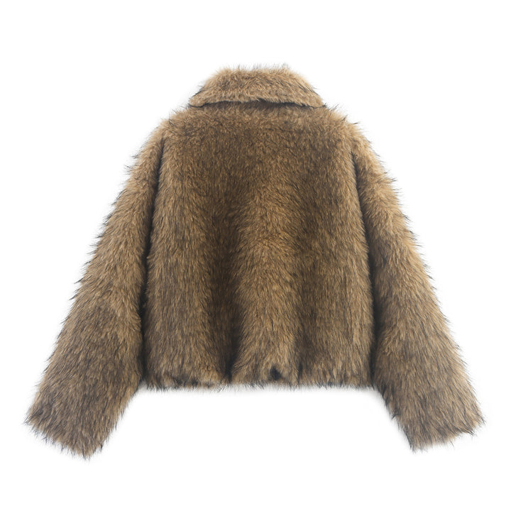Women Short Faux Fur Bomber Jacket with Voluminous Fur Collar and Zipper Mune Fashion