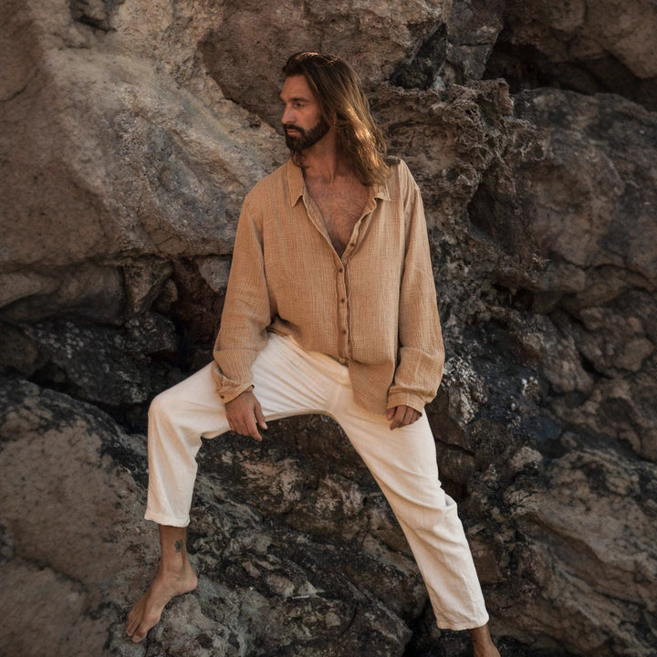 Men's Lightweight Cotton Gauze Shirt with Open Collar and Relaxed Fit Mune Fashion
