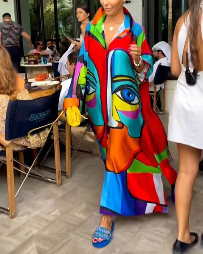 Women's oversized shirt kaftan with abstract portrait print and shirt collar Mune Fashion