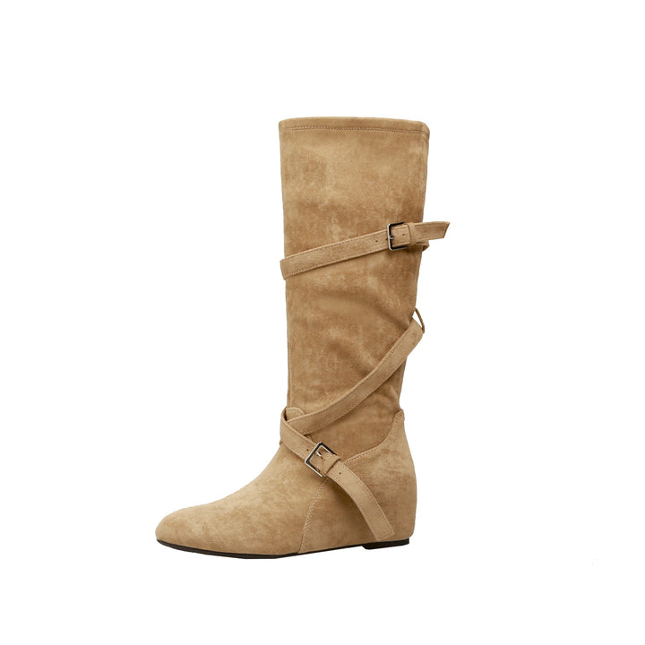 Women's Knee-High Suede Boots with Wrap Straps and Flat Wedge Heel Mune Fashion