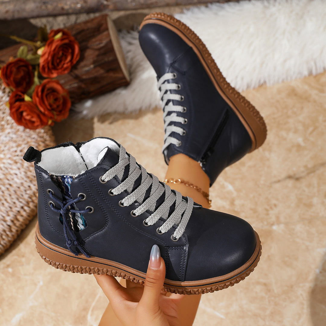 Women's padded lace-up ankle boots with teddy lining, side zipper, and textured rubber sole Mune Fashion