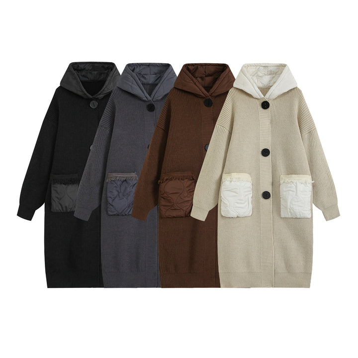 Women's knitted coat with quilted hood and padded pockets Mune Fashion