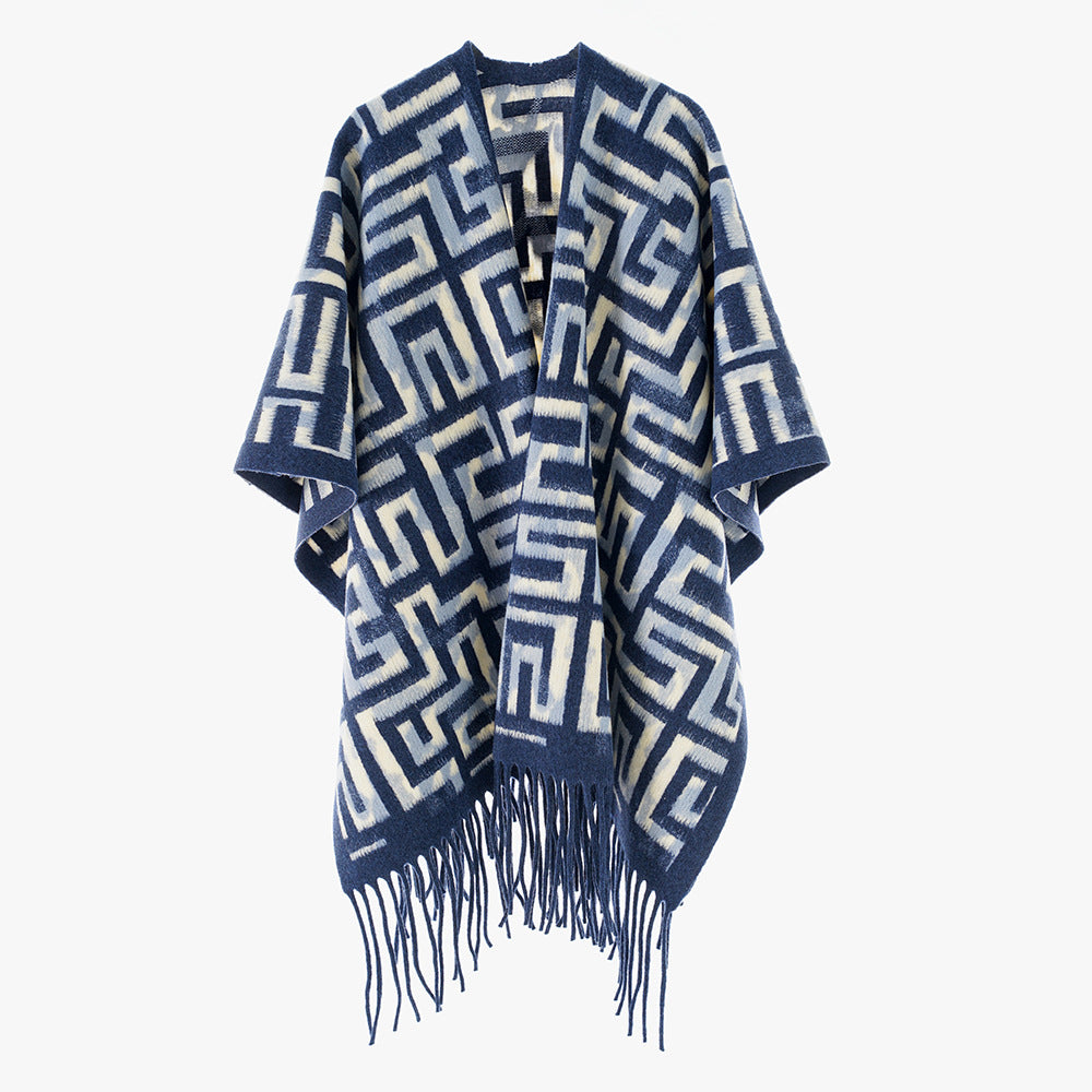 Women's Geometric Jacquard Cape Poncho with Fringes and Open Fall Mune Fashion