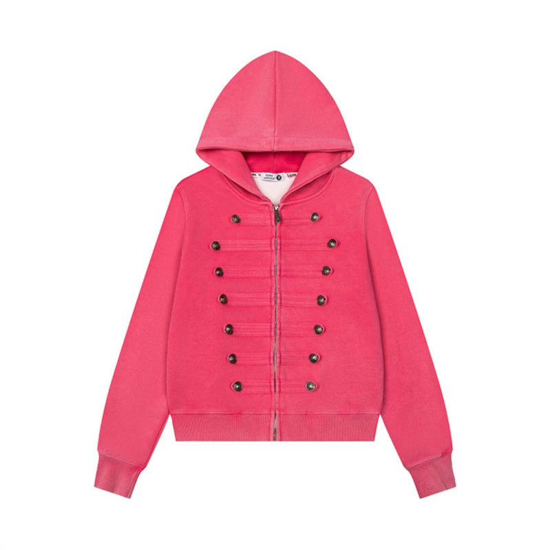 Women’s Hooded Sweat Jacket with Military Button Decoration and Full-Length Zipper Mune Fashion