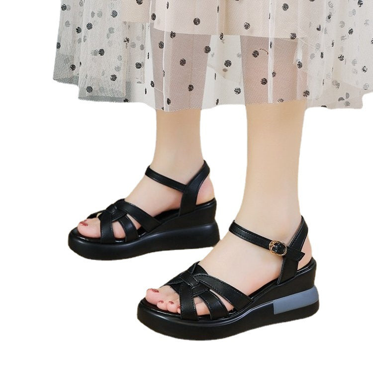 Women's braided wedge sandal with adjustable ankle strap and ergonomic platform footbed Mune Fashion