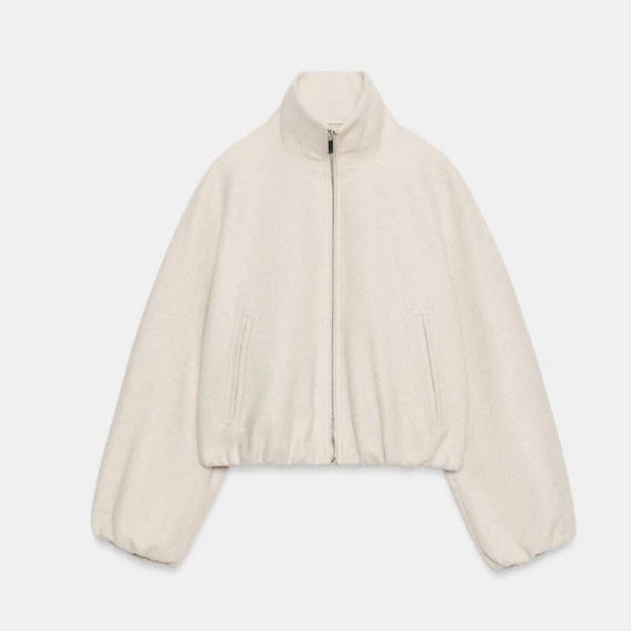 Women's Cropped Fleece Bomber Jacket with Stand-up Collar, Balloon Sleeves and Elastic Hem Mune Fashion