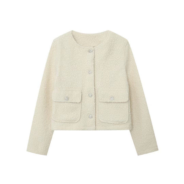 Women's short jacket in bouclé-tweed look with round neckline and crystal decorative buttons Mune Fashion