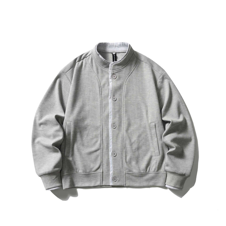 Unisex Short Cut Boxy Blouson Jacket with Waffle Structure, Stand-Up Collar and Contrast Piping Mune Fashion
