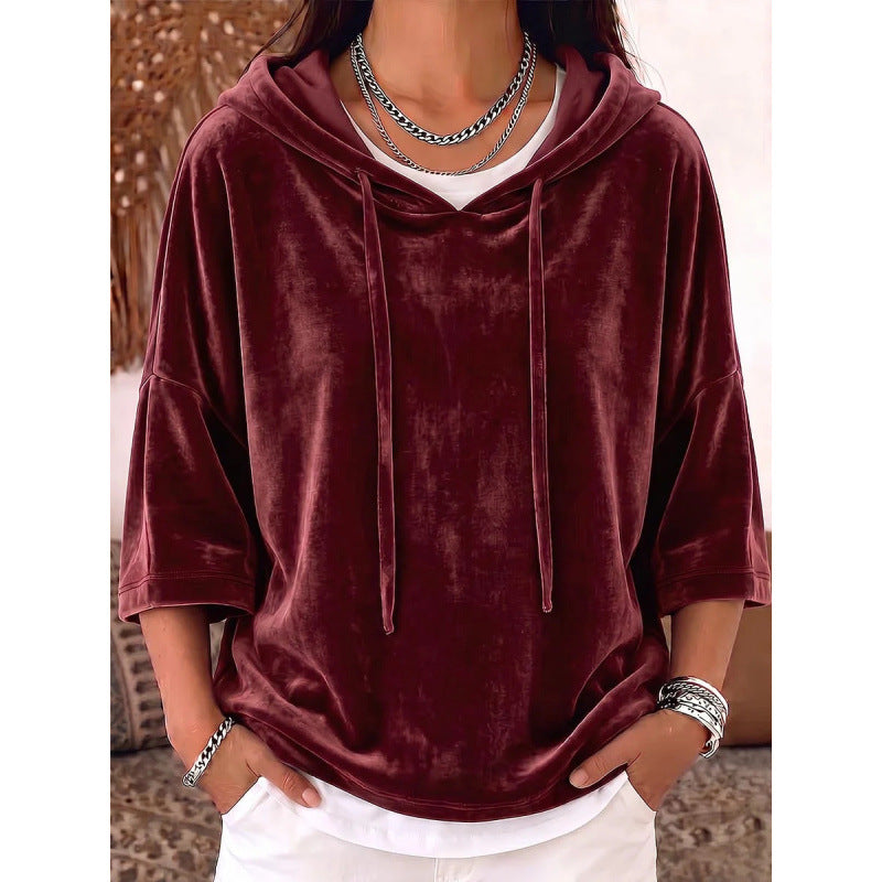 Women Oversize Velvet Half-Sleeve Hoodie with Drawstring and Pockets Mune Fashion