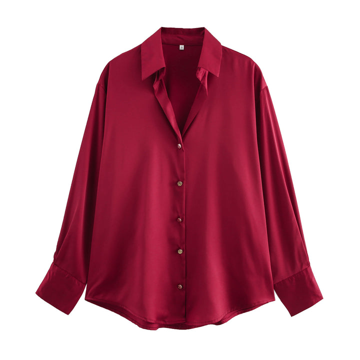 Women's oversized satin blouse with shirt collar, extended cuffs and rounded hem Mune Fashion