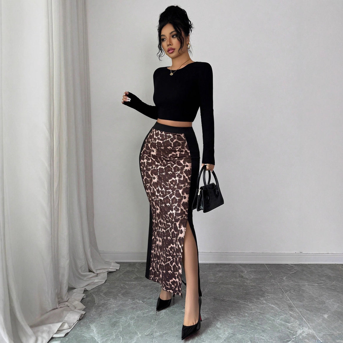 Women's tailored pencil midi skirt with animal print middle panel and side thigh slit Mune Fashion