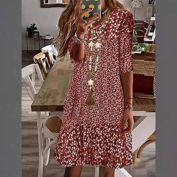 Women Casual Midi Dress with Ruffle Hem, Three-Quarter Sleeves and Floral Print Mune Fashion