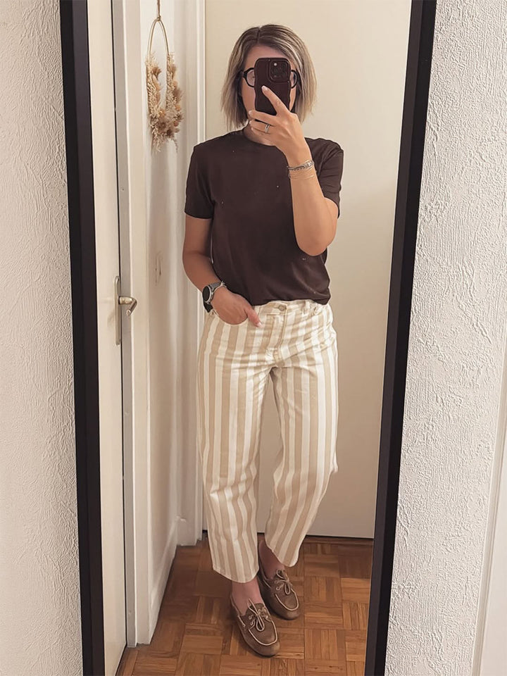 Women High-Waisted Striped Linen Pants with Wide Leg and Cropped Length Mune Fashion