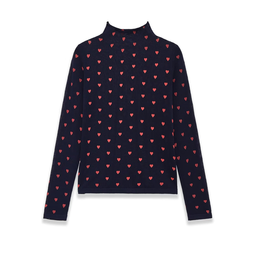 Women Long Sleeve Fine Knit Shirt with Stand-up Collar and Allover Heart Jacquard Mune Fashion