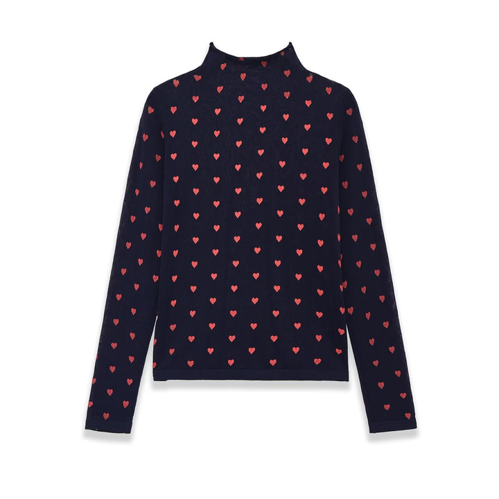Women Long Sleeve Fine Knit Shirt with Stand-up Collar and Allover Heart Jacquard Mune Fashion