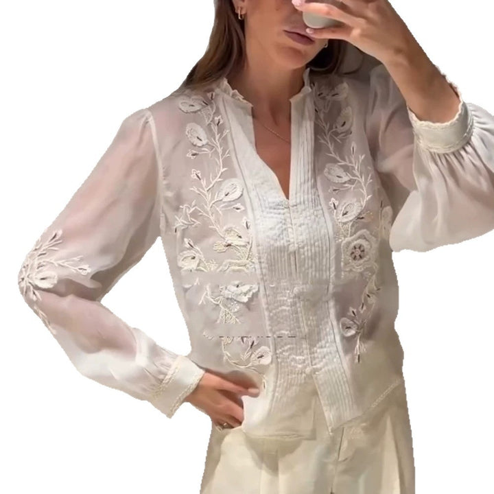 Ladies Transparent Embroidered Chiffon Blouse with Pintucks, V-Neck and Balloon Sleeves Mune Fashion