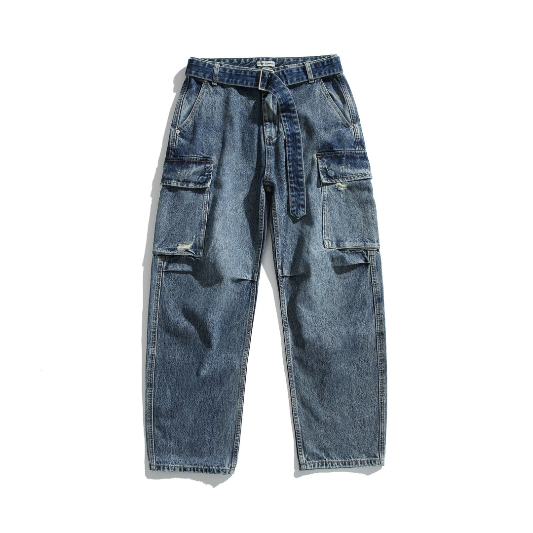 Women's High-Waisted Cargo Jeans with Belt, Loose Fit and Used Look Mune Fashion