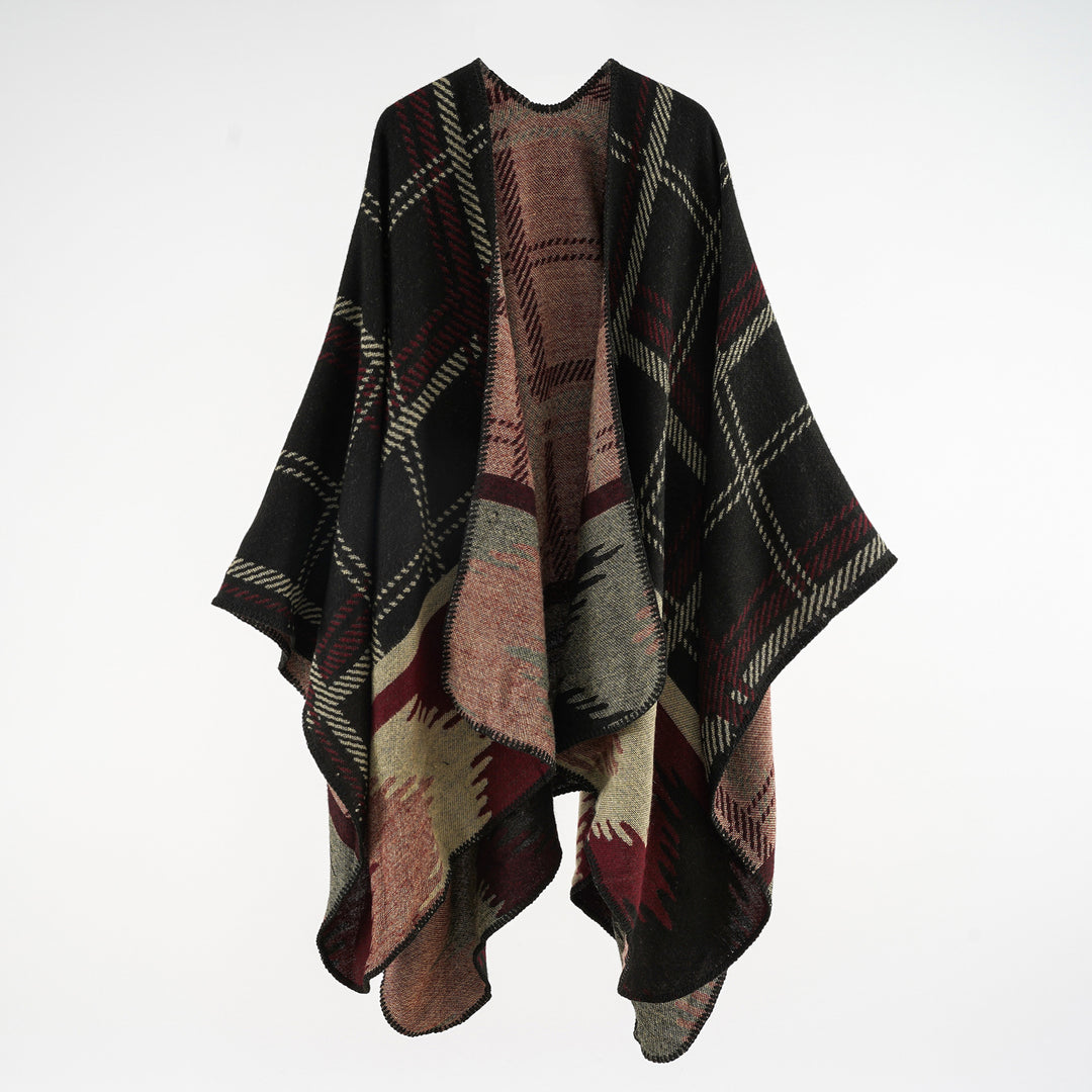 Women's coarse-woven ruana overlay made of a wool blend with structured check weaving Mune Fashion