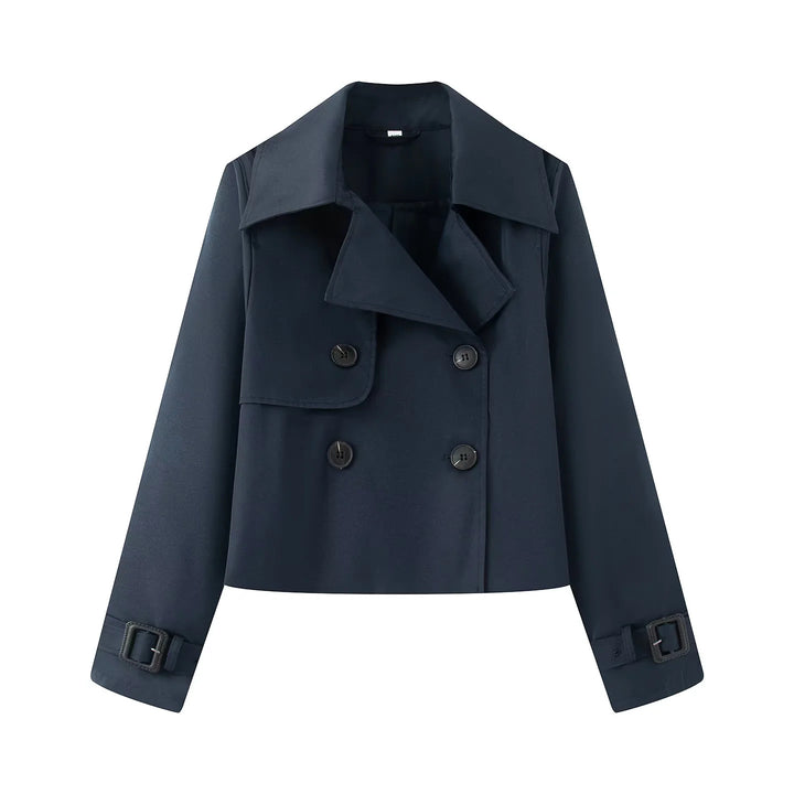 Women's short cropped trench coat with double-breasted button placket and adjustable sleeve straps Mune Fashion