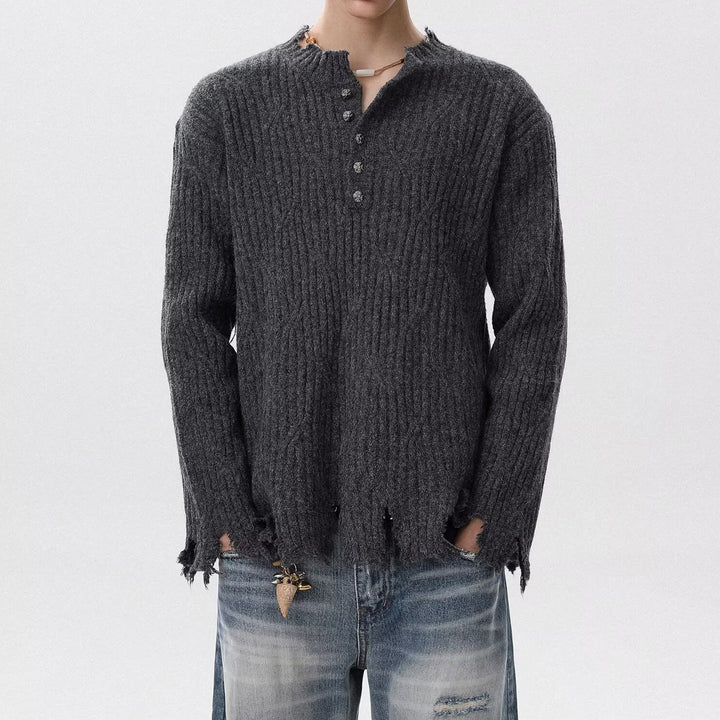 Men's Casual Chunky Knit Sweater with Button Placket and Frayed Hem Mune Fashion
