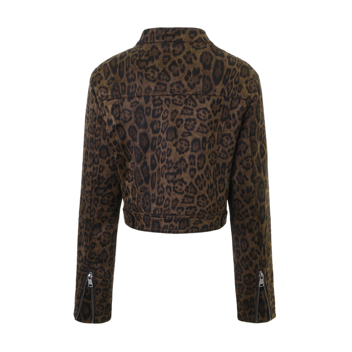 Women Short Jacket with Leopard Pattern and Stand-up Collar Mune Fashion