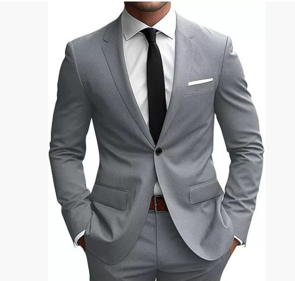 Men's fitted one-button suit set with notched lapels, French flap pockets, and slight stretch content Mune Fashion