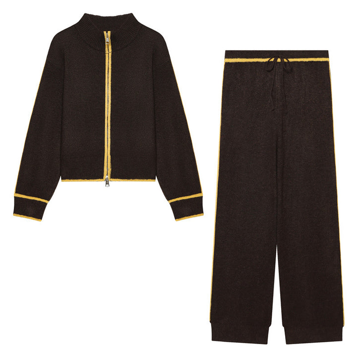 Women Two-Piece Knit Loungewear Set with Short Zip Cardigan and High Waist Palazzo Pants Mune Fashion