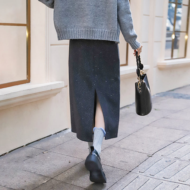 Women's tailored wool-blend midi skirt with subtle glitter texture, Mune Fashion