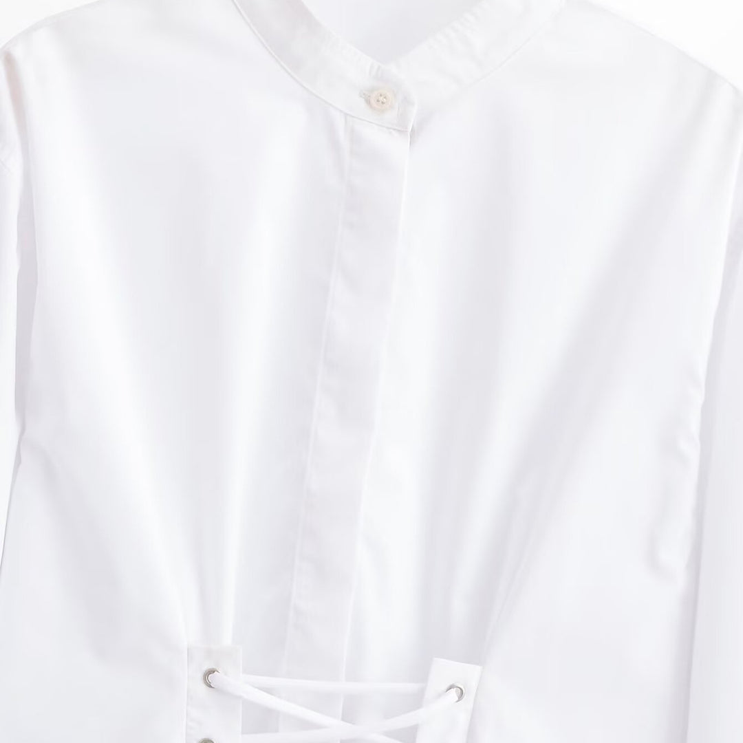 Women's short blouse with stand-up collar, cord corsage at the hem and voluminous sleeves Mune Fashion