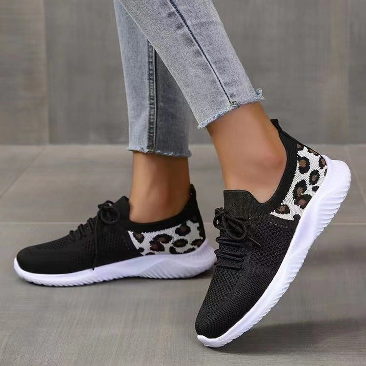 Women's Breathable Knit Slippers with Padded Cushioning Sole and Leopard Shaft Mune Fashion