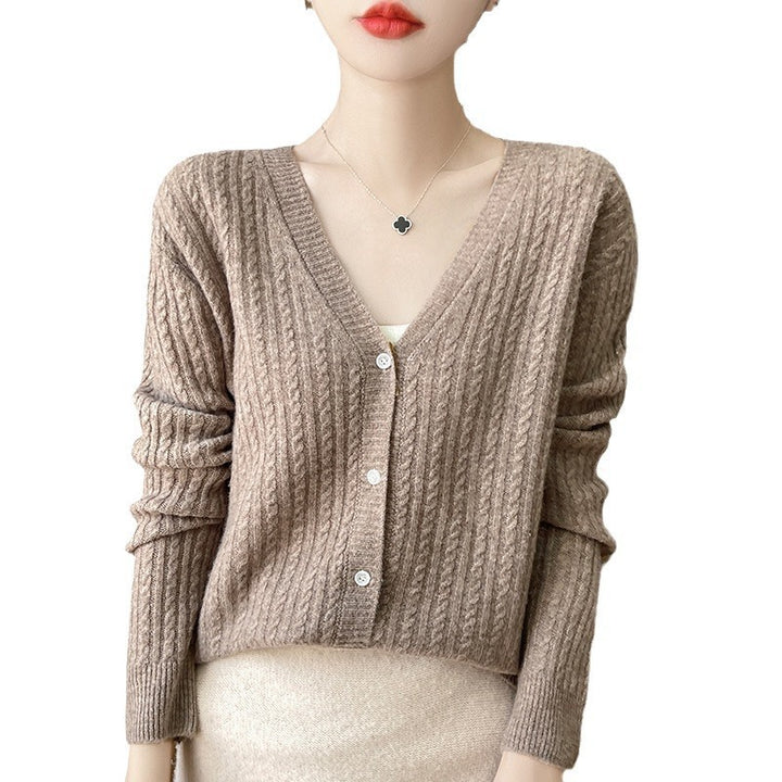 Women's Short-Cut Fine Knit Cardigan with V-Neck, Fine Ribbed Structure and Mother-of-Pearl Buttons Mune Fashion