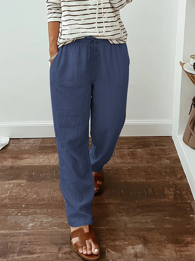 Women's lightweight linen look pants with elastic drawstring, front pockets and wide leg Mune Fashion