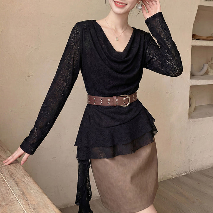 Women's nan draped lace top with asymmetrical pointed hem and waist belt Mune Fashion