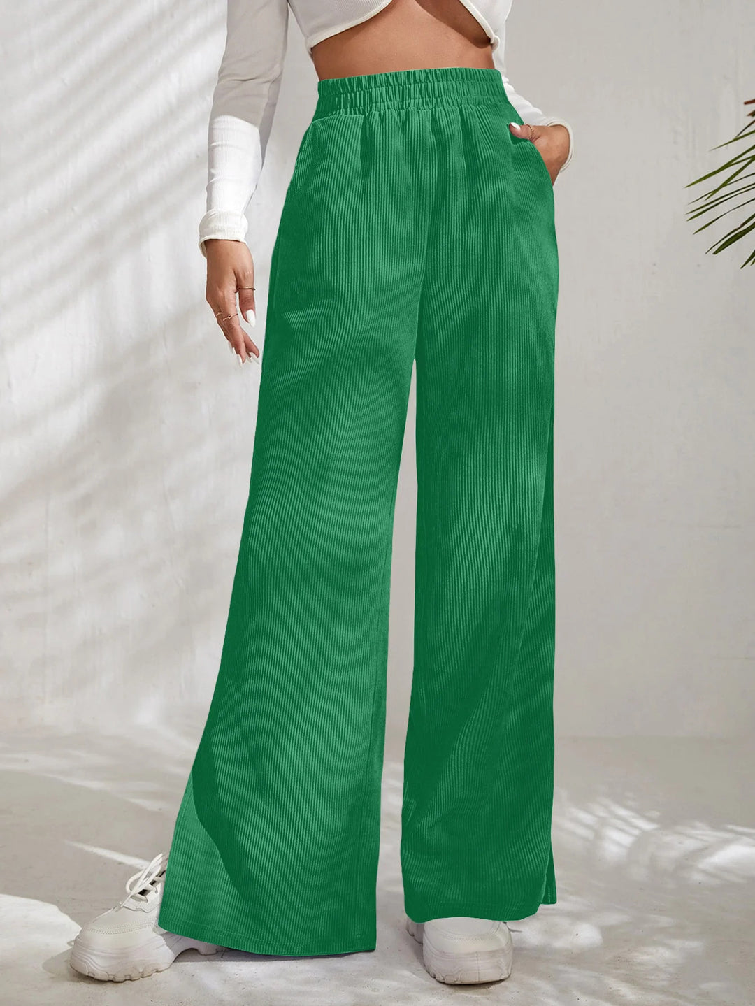 Women's Wide High-Waist Corduroy Lounge Pants with Elastic Waistband and Side Slits Drune