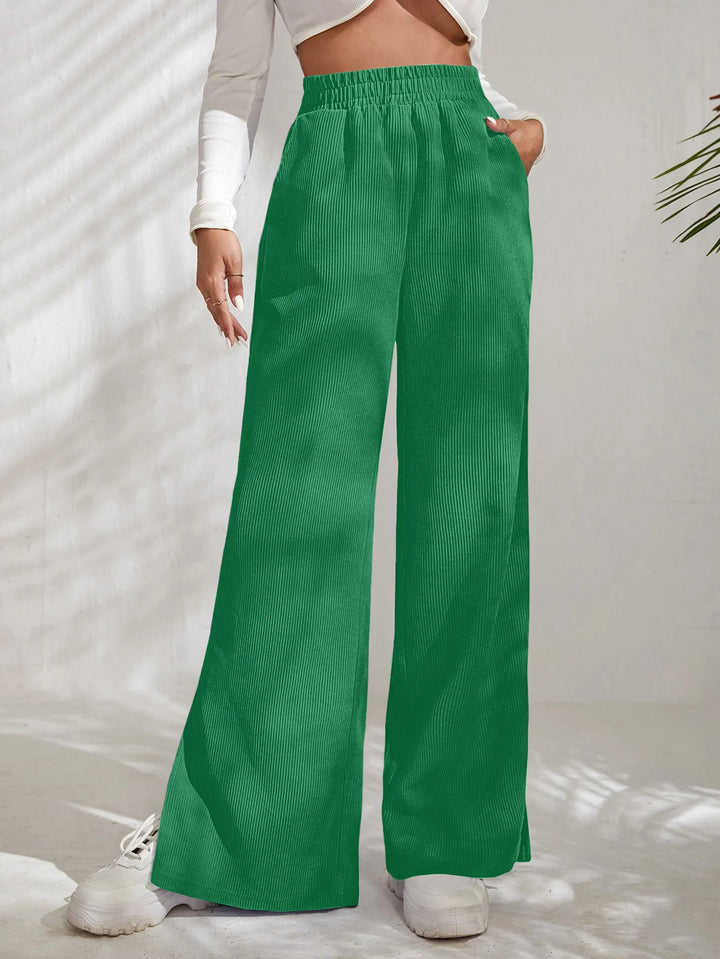 Women's Wide High-Waist Corduroy Lounge Pants with Elastic Waistband and Side Slits Drune