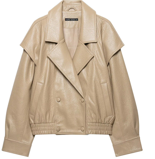 Women Short Blouson made of Artificial Leather with Double-Breasted Button Placket and Shoulder Cape Mune Fashion