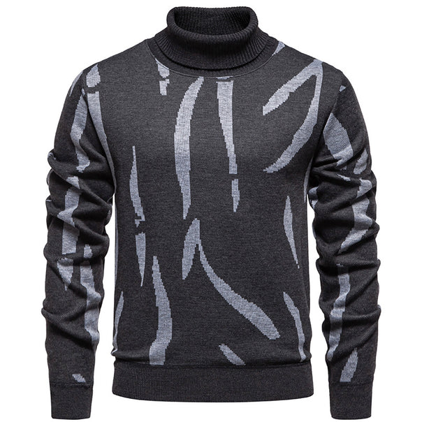 Men's Structured Turtleneck Sweater with Abstract Jacquard Pattern and Ribbed Trims Mune Fashion