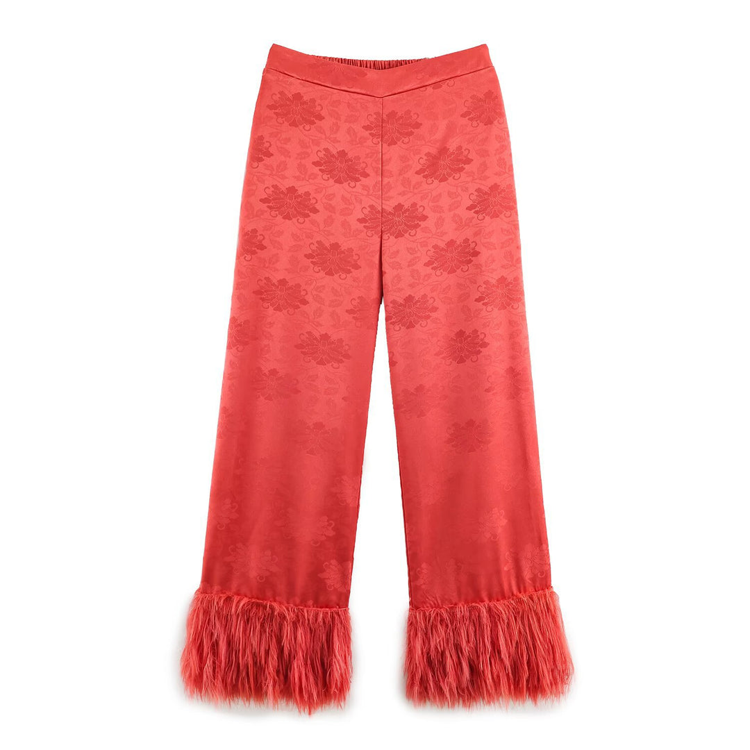 Women's Jacquard Kimono Wrap Blouse with Feather Ruffle Hem Mune Fashion