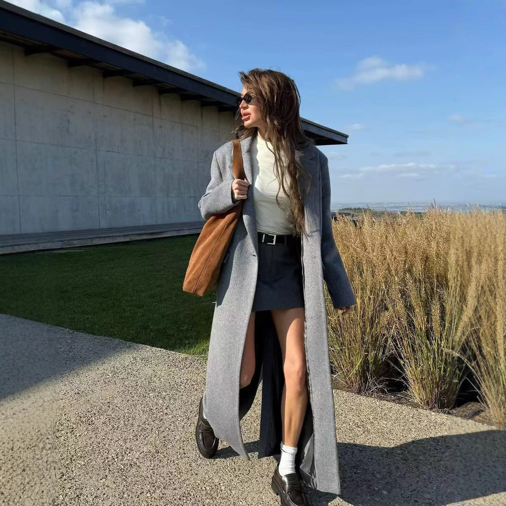 Women's Longline Wool Coat with Oversized Cut, Notched Collar and Side Slits Mune Fashion