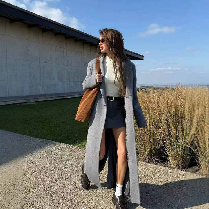 Women's Longline Wool Coat with Oversized Cut, Notched Collar and Side Slits Mune Fashion
