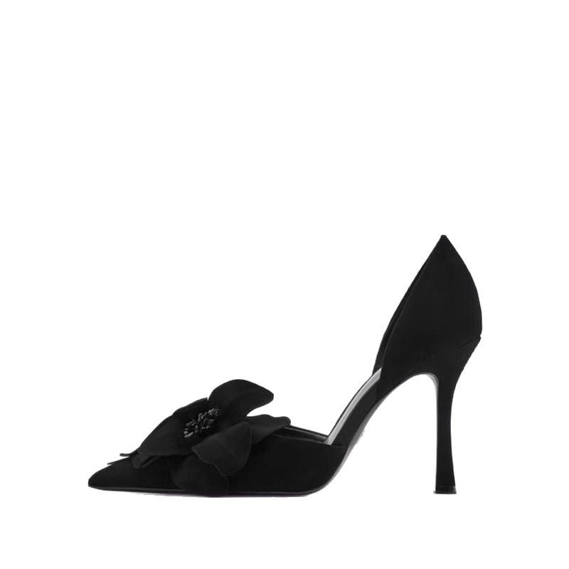 Women's pointed toe evening D'Orsay pumps with handcrafted 3D flower appliqué and sculpted stiletto Mune Fashion