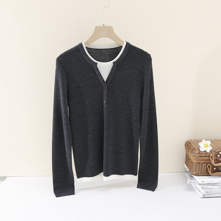 Women Layer-Look Fine Knit Long Sleeve with Henley Button Placket Mune Fashion