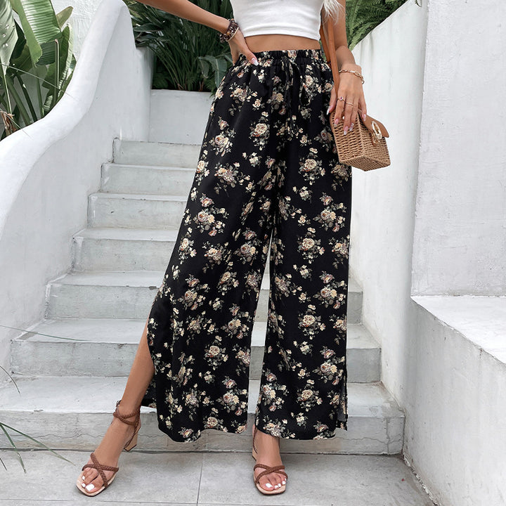 Women Lightweight Palazzo Pants made of Viscose Blend with Elastic Waistband, Drawstring and Side Leg Slits Mune Fashion