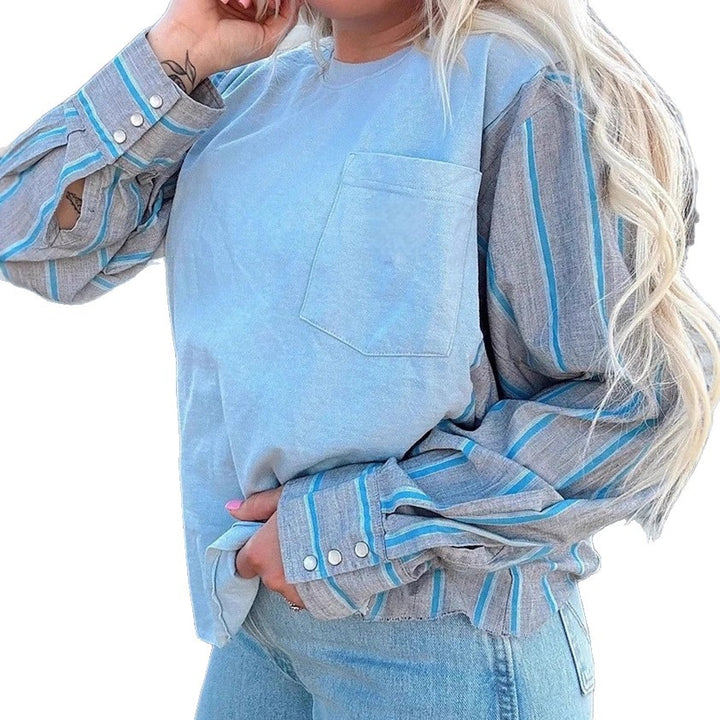 Women's long sleeve shirt in layered look with chest pocket and striped shirt sleeves Mune Fashion