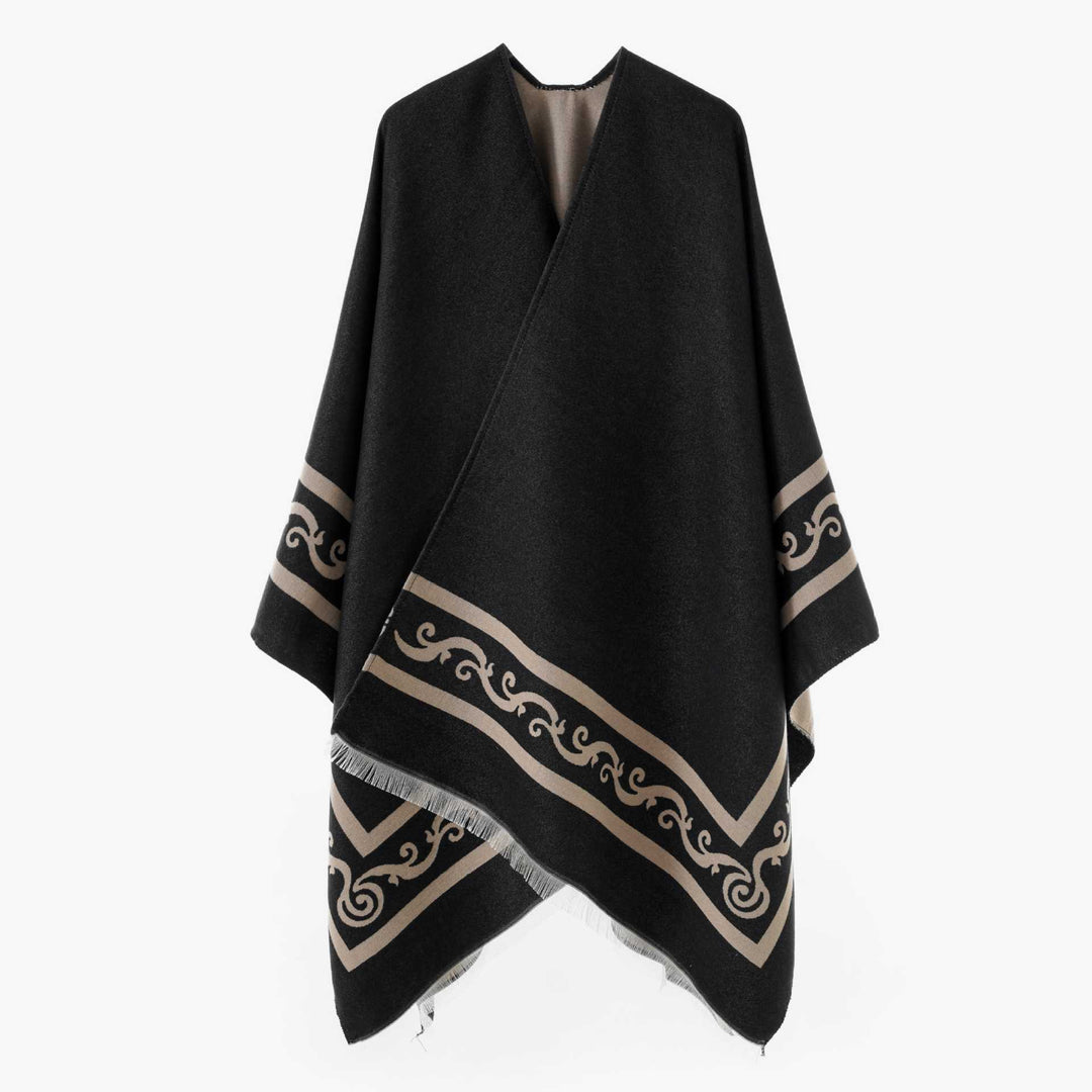 Women's Oversize Cape with Geometric Jacquard and Fringe Hem Mune Fashion